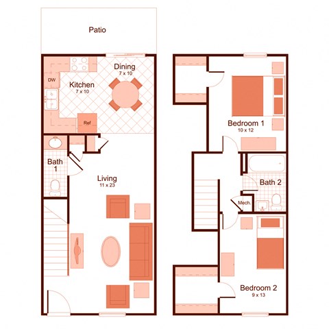 Floor plan for 2 beds, 1.5 baths, 1032 sqft