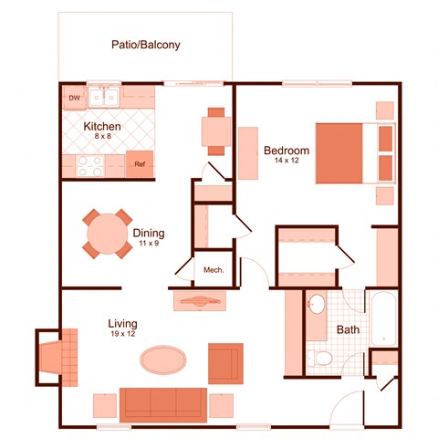 Floor plan for 1 bed, 1 bath, 899 sqft