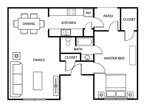 Floor plan for 1 bed, 1 bath, 765 sqft