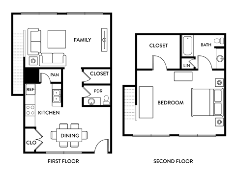 Floor plan for 1 bed, 1.5 baths, 969 sqft