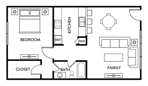 Floor plan for 1 bed, 1 bath, 663 sqft