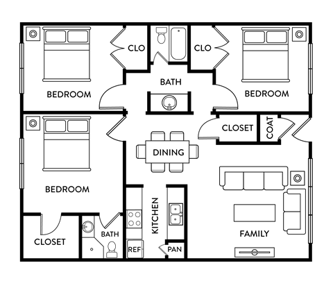 Floor plan for 3 beds, 2 baths, 1150 sqft