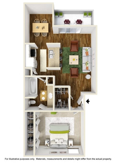 Floor plan for 1 bed, 1 bath, 675 sqft