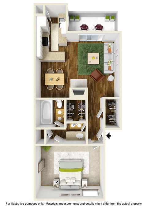 Floor plan for 1 bed, 1 bath, 750 sqft