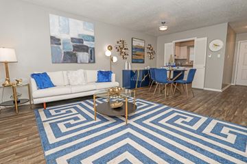 Bossier City apartment for rent - A living room with a white couch and a blue and white rug.
