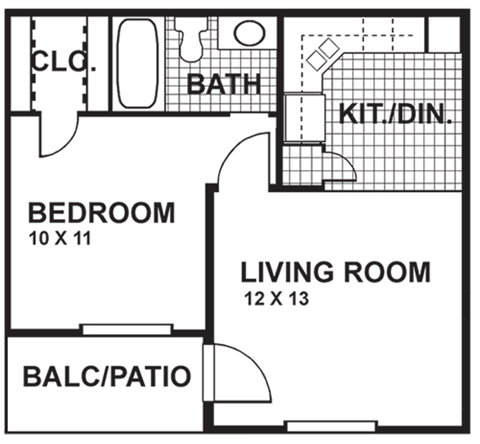 Floor plan for 1 bed, 1 bath, 476 sqft