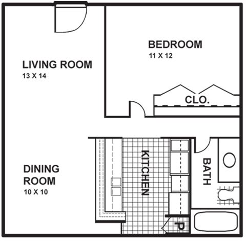 Floor plan for 1 bed, 1 bath, 610 sqft