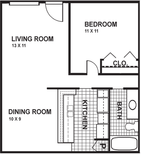 Floor plan for 1 bed, 1 bath, 550 sqft