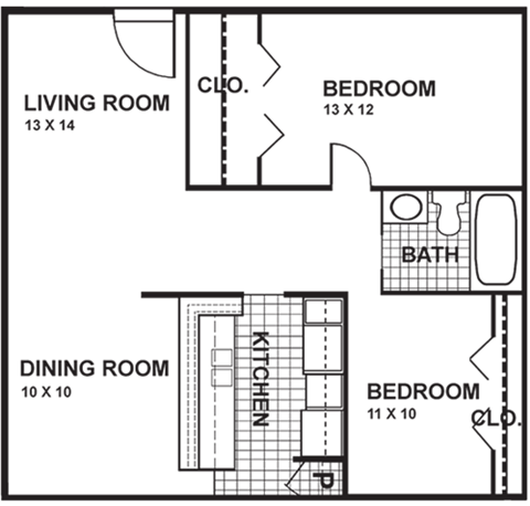 Floor plan for 2 beds, 1 bath, 850 sqft