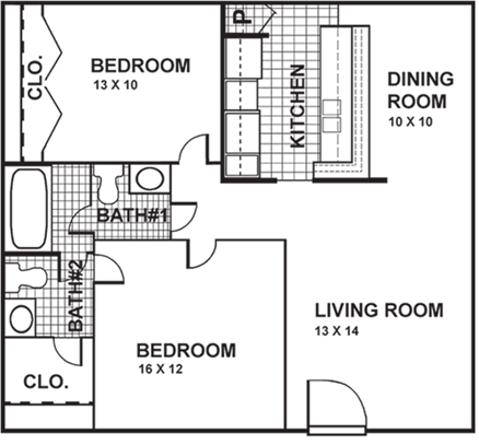 Floor plan for 2 beds, 1.5 baths, 910 sqft
