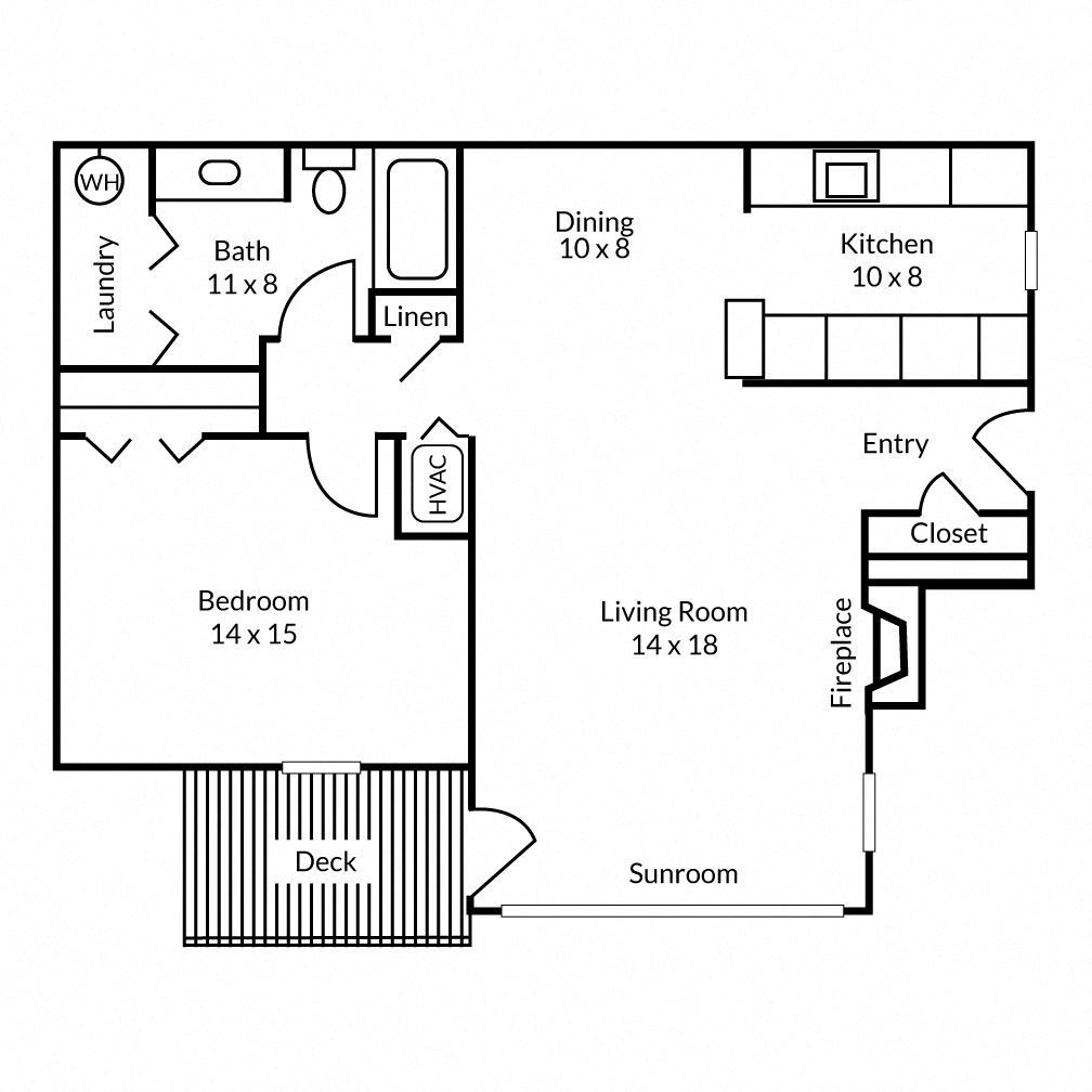 Floor plan for 1 bed, 1 bath, 800 sqft