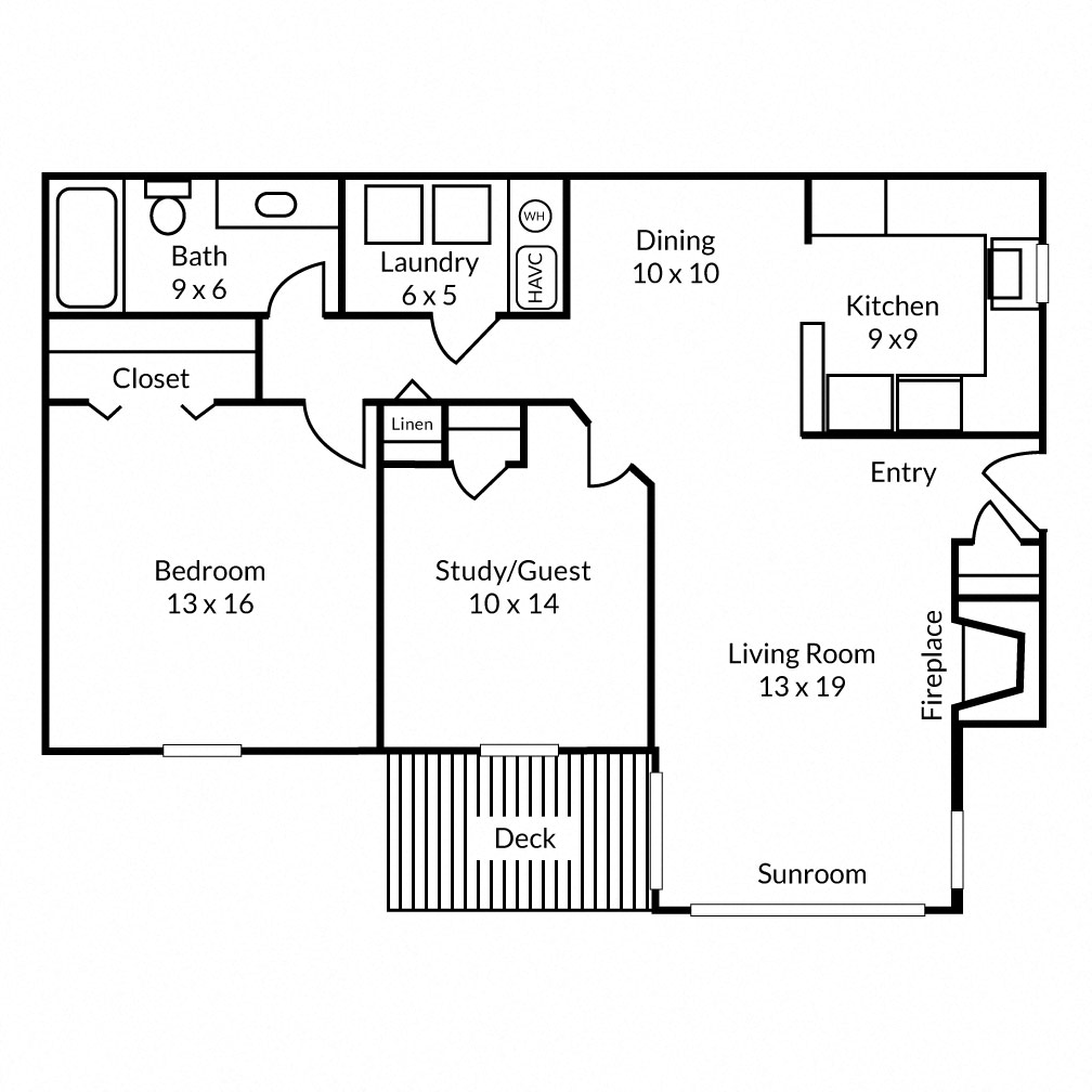 Floor plan for 2 beds, 1 bath, 1000 sqft