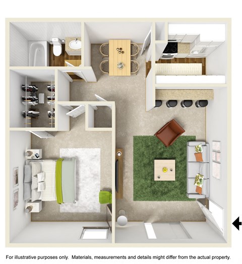 Floor plan for 1 bed, 1 bath, 558 sqft