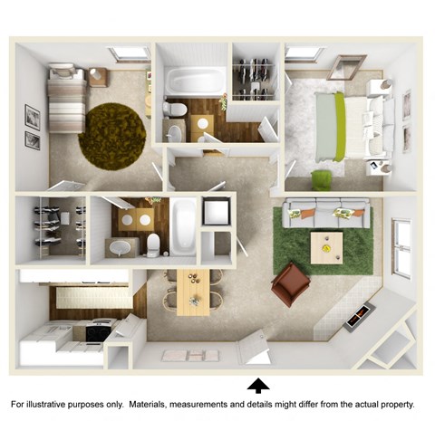 Floor plan for 2 beds, 2 baths, 800 sqft