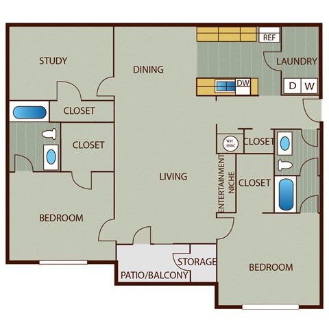 Floor plan for 2 beds, 2 baths, 1517 sqft