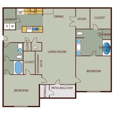 Floor plan for 2 beds, 2 baths, 1532 sqft