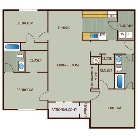 Floor plan for 3 beds, 2 baths, 1536 sqft