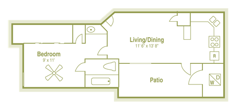 Floor plan for 1 bed, 1 bath, 460 sqft