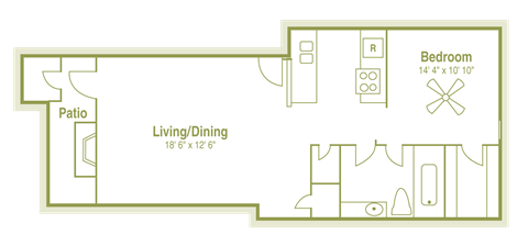 Floor plan for 1 bed, 1 bath, 610 sqft
