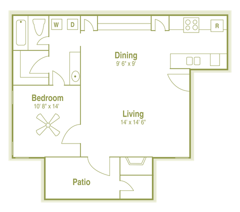Floor plan for 1 bed, 1 bath, 710 sqft