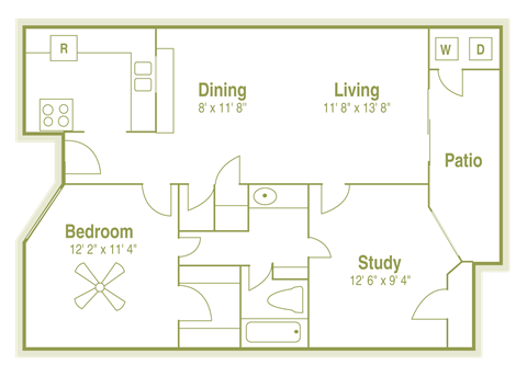 Floor plan for 2 beds, 1 bath, 818 sqft