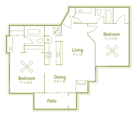 Floor plan for 2 beds, 2 baths, 971 sqft