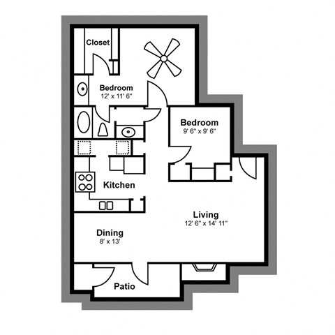 Floor plan for 2 beds, 1 bath, 864 sqft
