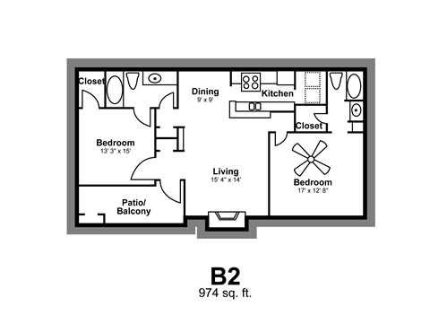 Floor plan for 2 beds, 2 baths, 974 sqft