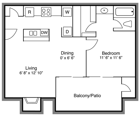Floor plan for 1 bed, 1 bath, 632 sqft