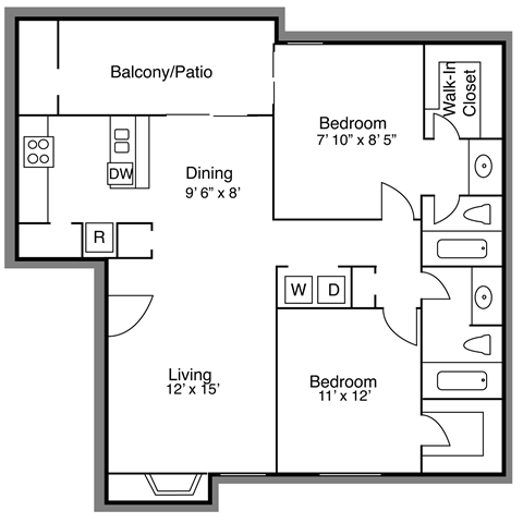 Floor plan for 2 beds, 2 baths, 967 sqft