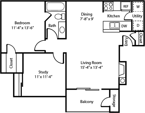 Floor plan for 1 bed, 1 bath, 841 sqft