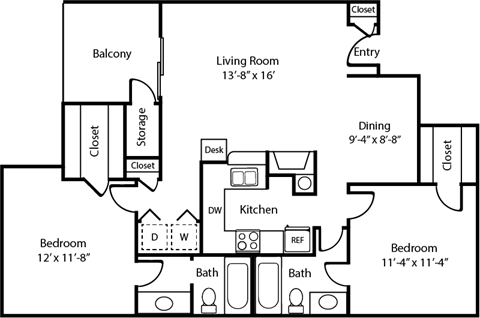 Floor plan for 2 beds, 2 baths, 983 sqft