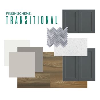 Transitional: white quartz countertops, gray herringbone tile backsplash, gray cabinetry, dark wood-like flooring