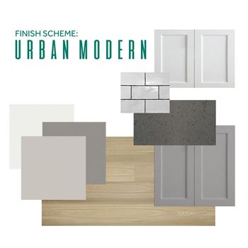 Urban modern: gray quartz countertops, white subway tile backsplash, two tone cabinetry, light wood-like flooring