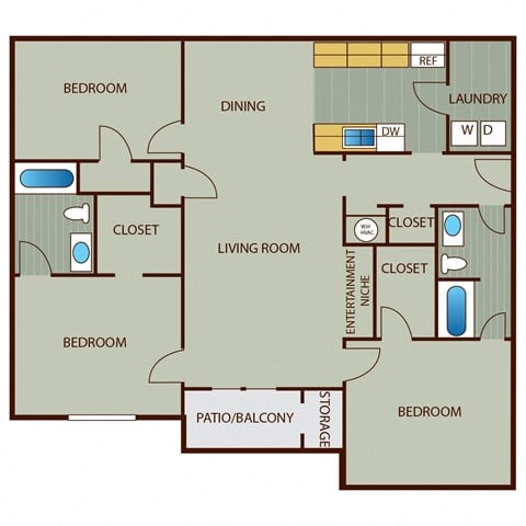 Floor plan for 3 beds, 2 baths, 1476 sqft