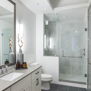 Walk-in showers with built-in bench and glass enclosure, rainfall, handheld and standard showerheads*