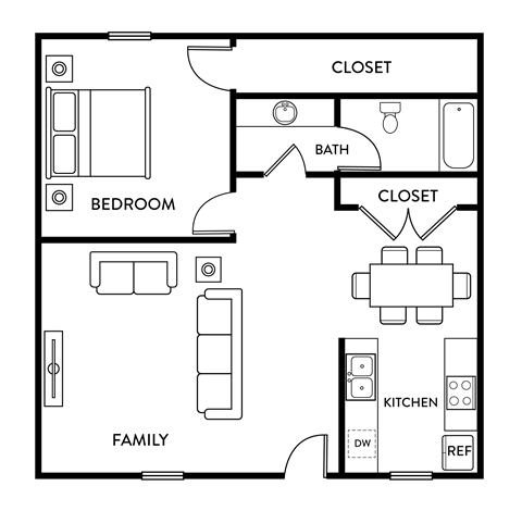 Floor plan for 1 bed, 1 bath, 690 sqft