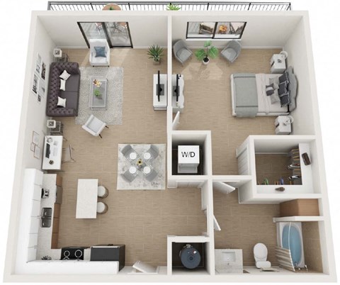 Floor plan for 1 bed, 1 bath, 605 sqft