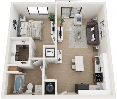 Floor plan for 1 bed, 1 bath, 674 sqft
