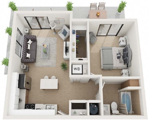 Floor plan for 1 bed, 1 bath, 725 sqft