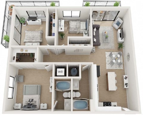 Floor plan for 3 beds, 2 baths, 1070 sqft