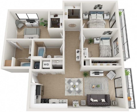 Floor plan for 3 beds, 2 baths, 1115 sqft
