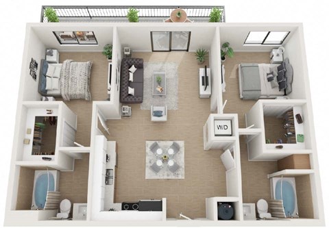 Floor plan for 2 beds, 2 baths, 851 sqft