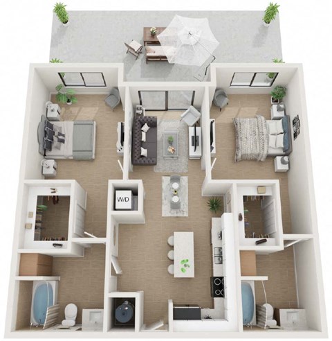 Floor plan for 2 beds, 2 baths, 910 sqft