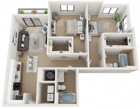 Floor plan for 2 beds, 2 baths, 991 sqft
