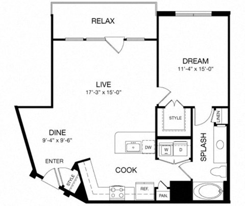 Floor plan for 1 bed, 1 bath, 874 sqft