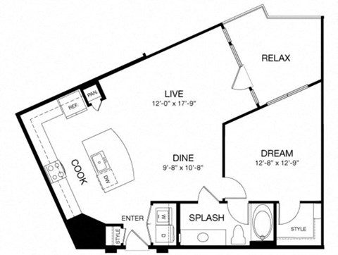 Floor plan for 1 bed, 1 bath, 890 sqft