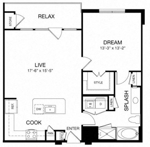 Floor plan for 1 bed, 1 bath, 888 sqft