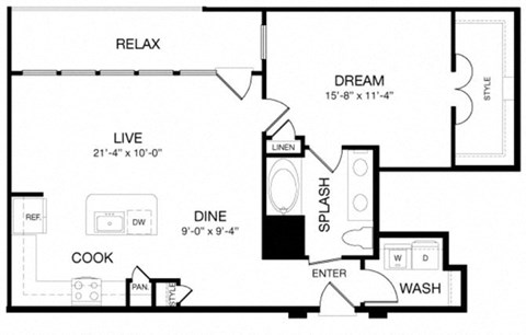 Floor plan for 1 bed, 1 bath, 917 sqft