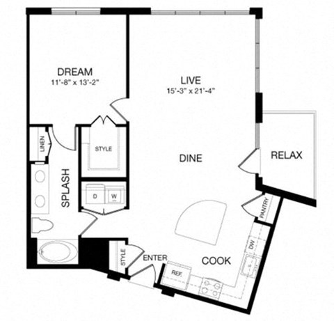 Floor plan for 1 bed, 1 bath, 944 sqft